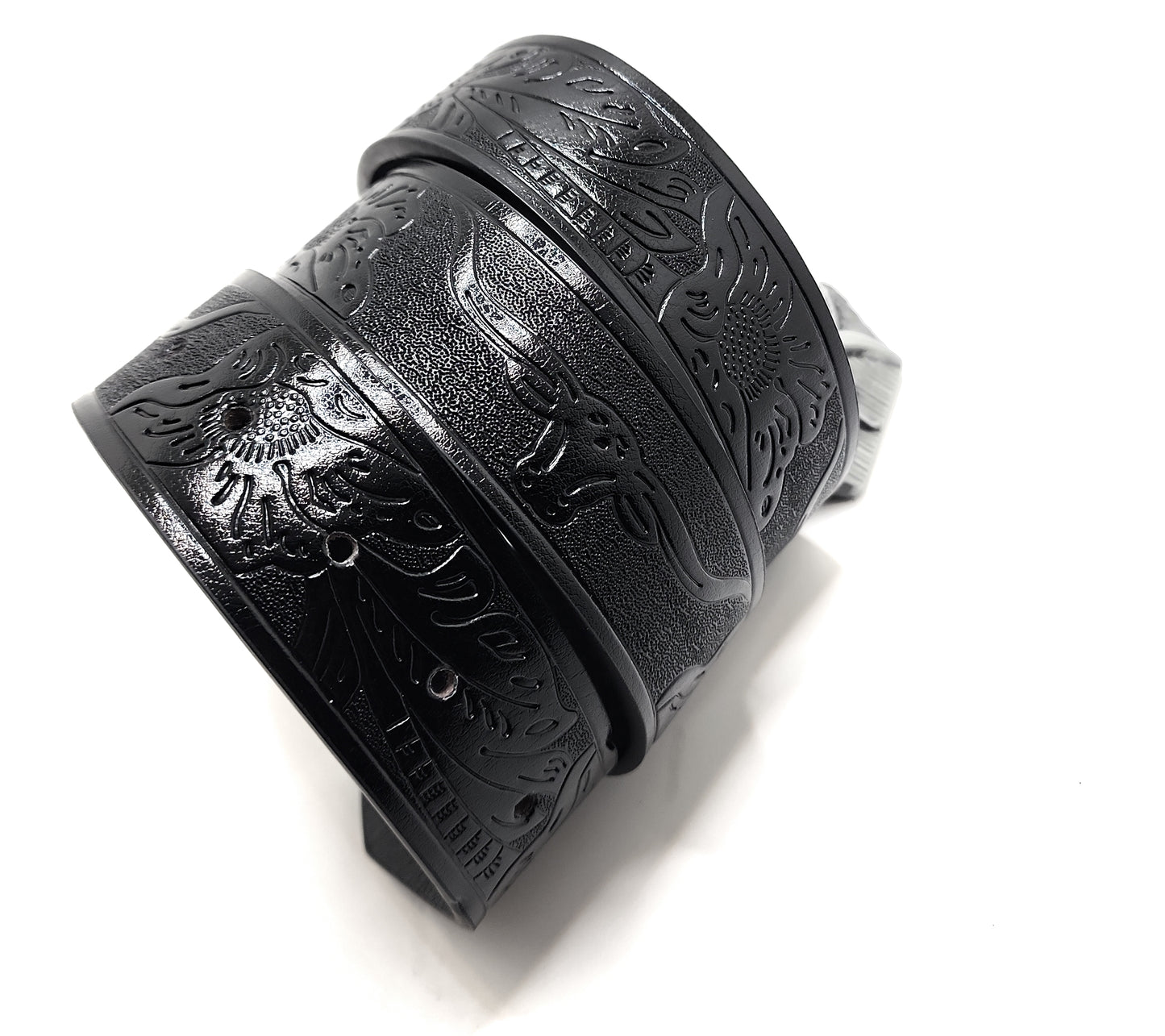 Silver Longhorn Lighter Belt Buckle and Black Belt (Embossed with Longhorns and Floral Pattern)