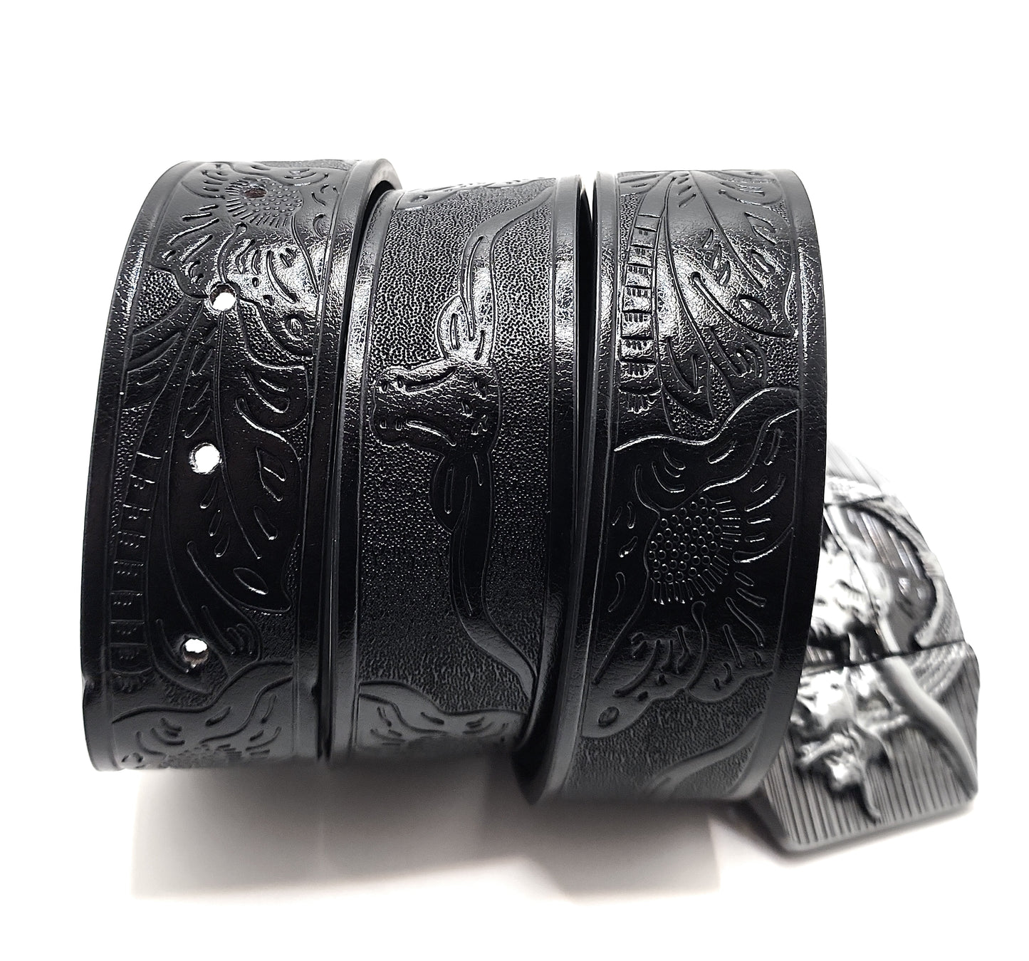 Silver Longhorn Lighter Belt Buckle and Black Belt (Embossed with Longhorns and Floral Pattern)