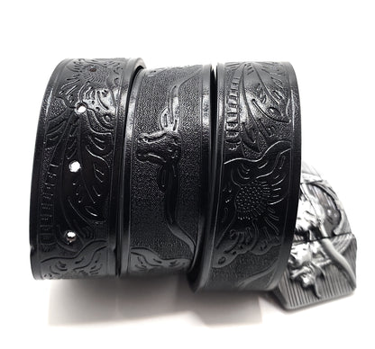 Silver Longhorn Lighter Belt Buckle and Black Belt (Embossed with Longhorns and Floral Pattern)