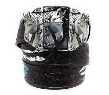 Silver Triple Horses Lighter Belt Buckle and Dark Brown Embossed Belt with Carved Wood Scroll and Turquoise Painted Feather Pattern