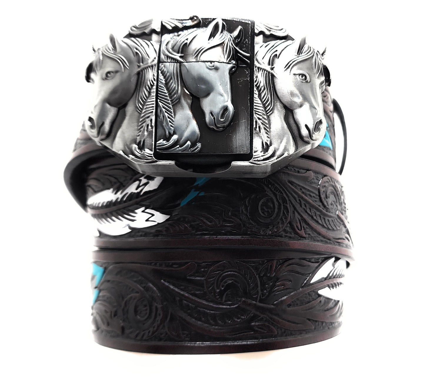 Silver Triple Horses Lighter Belt Buckle and Dark Brown Embossed Belt with Carved Wood Scroll and Turquoise Painted Feather Pattern