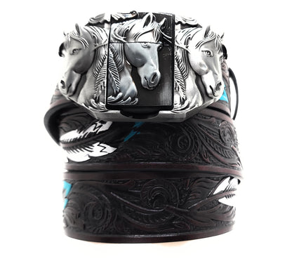 Silver Triple Horses Lighter Belt Buckle and Dark Brown Embossed Belt with Carved Wood Scroll and Turquoise Painted Feather Pattern