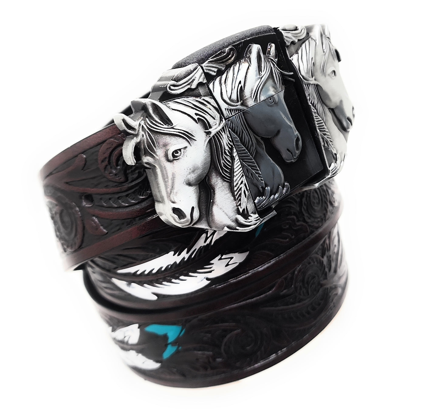 Silver Triple Horses Lighter Belt Buckle and Dark Brown Embossed Belt with Carved Wood Scroll and Turquoise Painted Feather Pattern