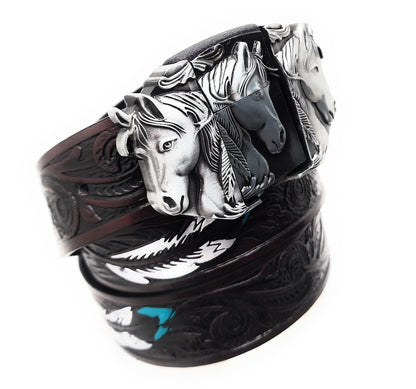 Silver Triple Horses Lighter Belt Buckle and Dark Brown Embossed Belt with Carved Wood Scroll and Turquoise Painted Feather Pattern