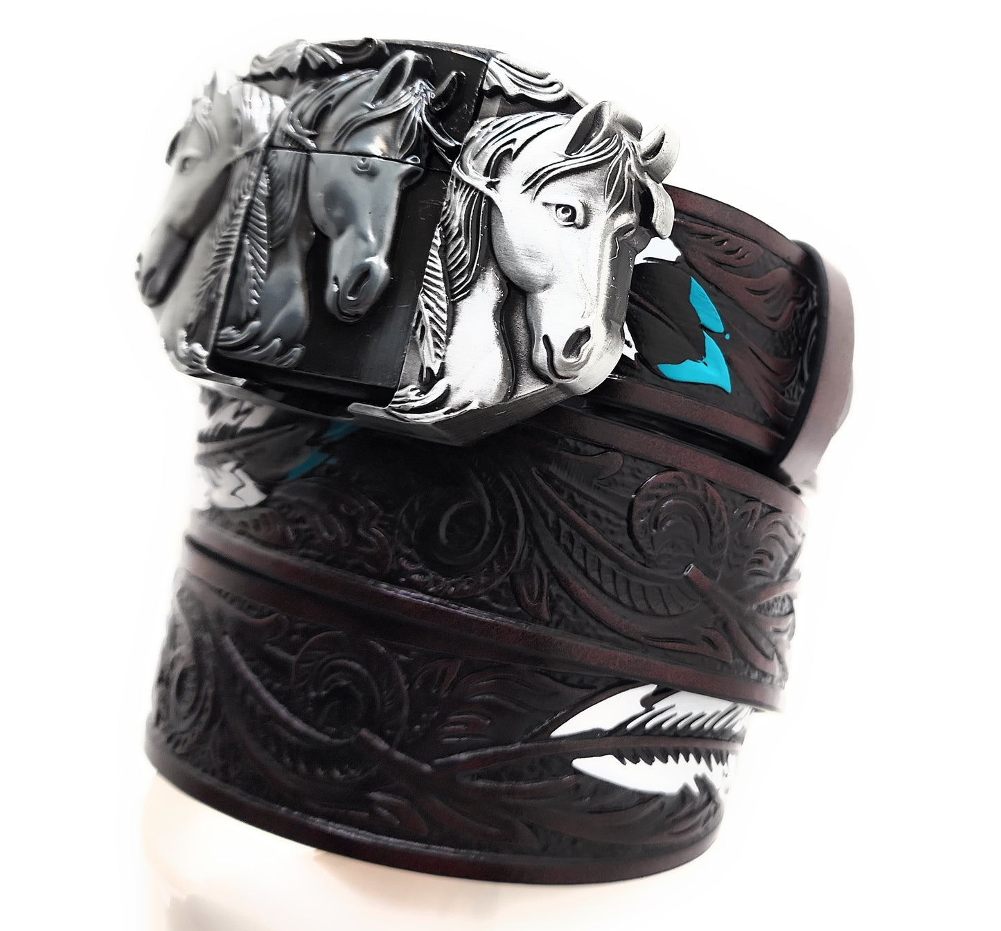 Silver Triple Horses Lighter Belt Buckle and Dark Brown Embossed Belt with Carved Wood Scroll and Turquoise Painted Feather Pattern