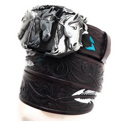 Silver Triple Horses Lighter Belt Buckle and Dark Brown Embossed Belt with Carved Wood Scroll and Turquoise Painted Feather Pattern