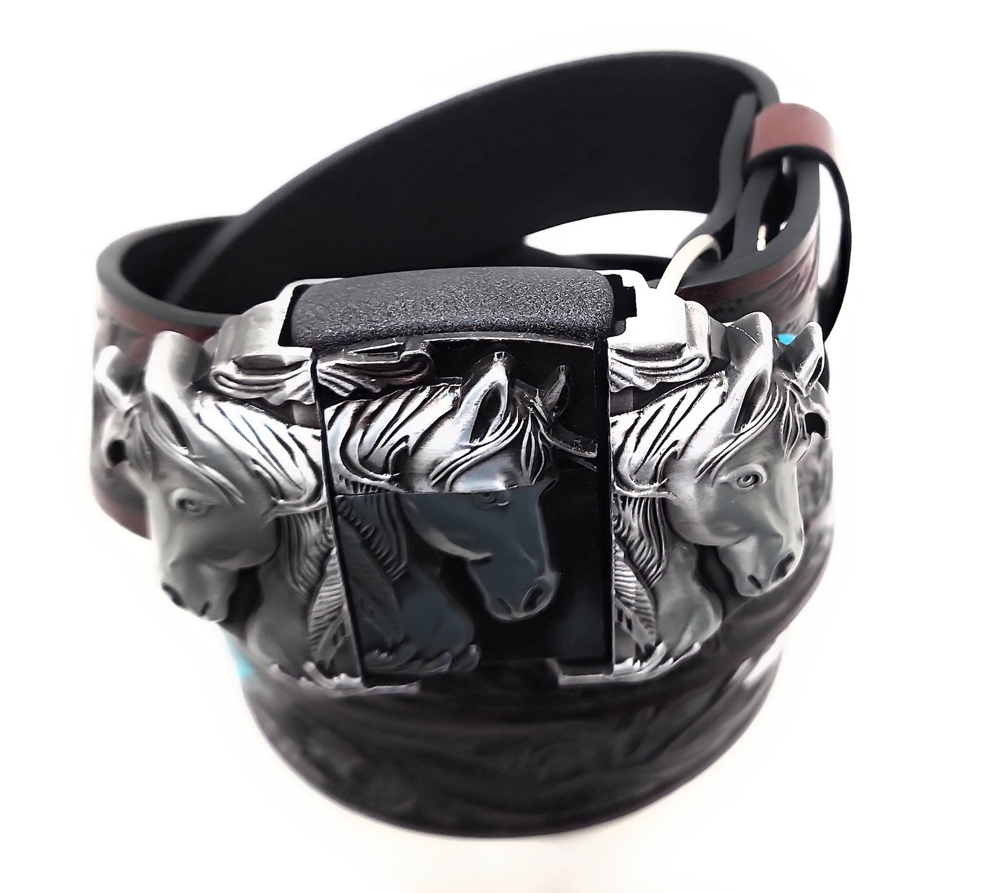 Silver Triple Horses Lighter Belt Buckle and Dark Brown Embossed Belt with Carved Wood Scroll and Turquoise Painted Feather Pattern