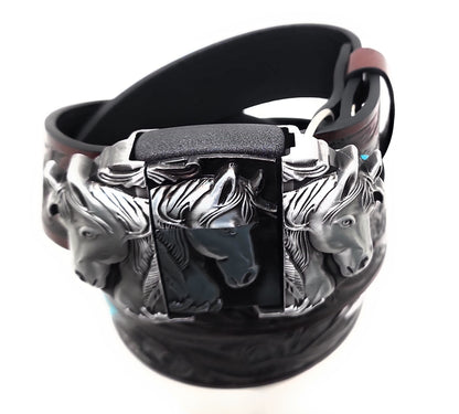 Silver Triple Horses Lighter Belt Buckle and Dark Brown Embossed Belt with Carved Wood Scroll and Turquoise Painted Feather Pattern