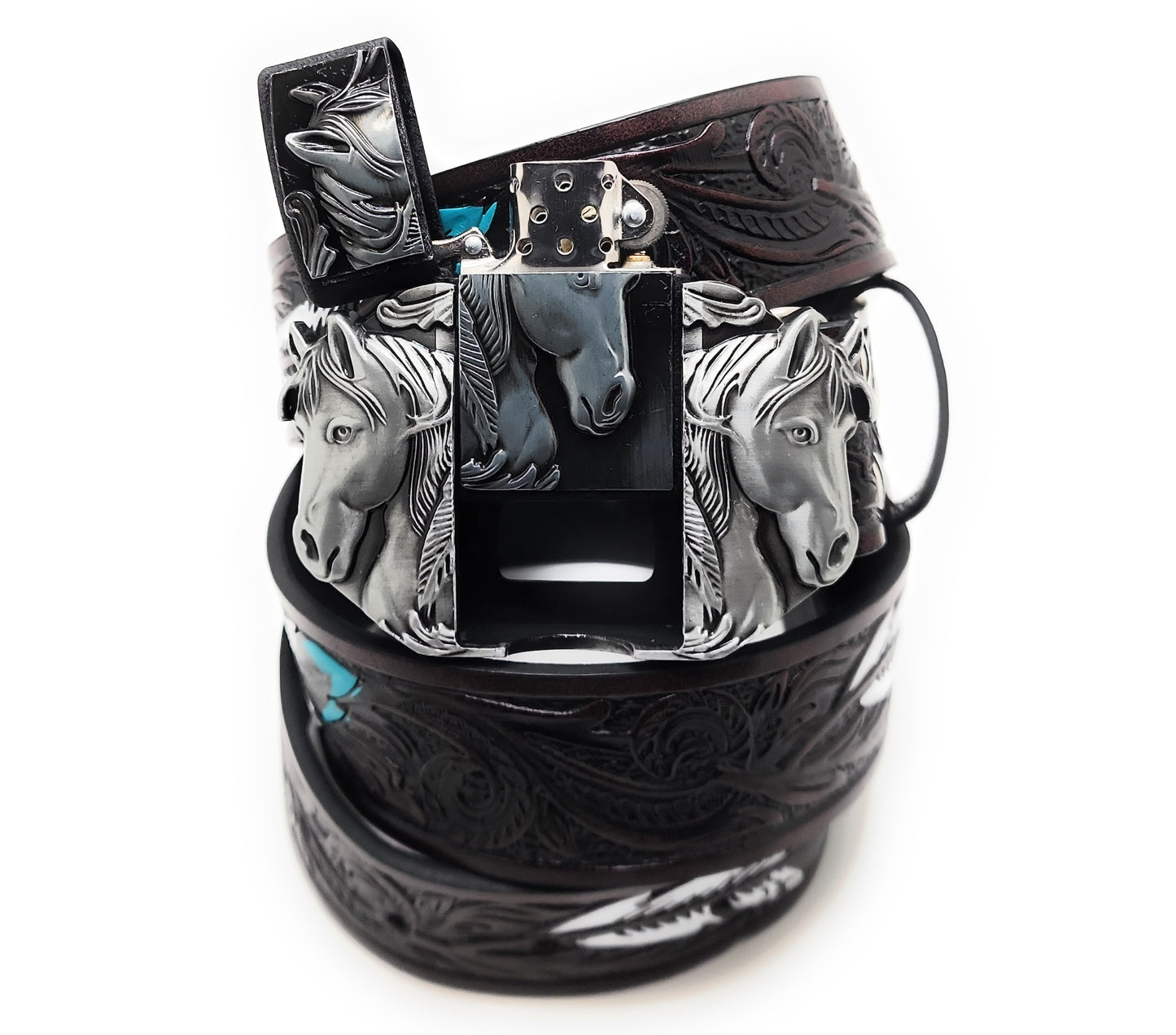 Silver Triple Horses Lighter Belt Buckle and Dark Brown Embossed Belt with Carved Wood Scroll and Turquoise Painted Feather Pattern