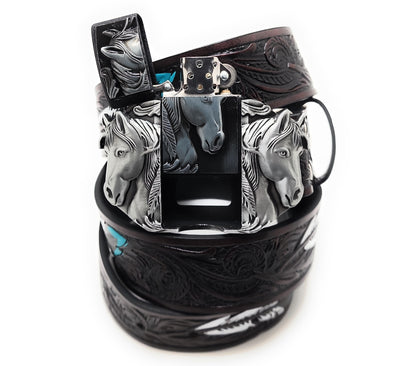 Silver Triple Horses Lighter Belt Buckle and Dark Brown Embossed Belt with Carved Wood Scroll and Turquoise Painted Feather Pattern