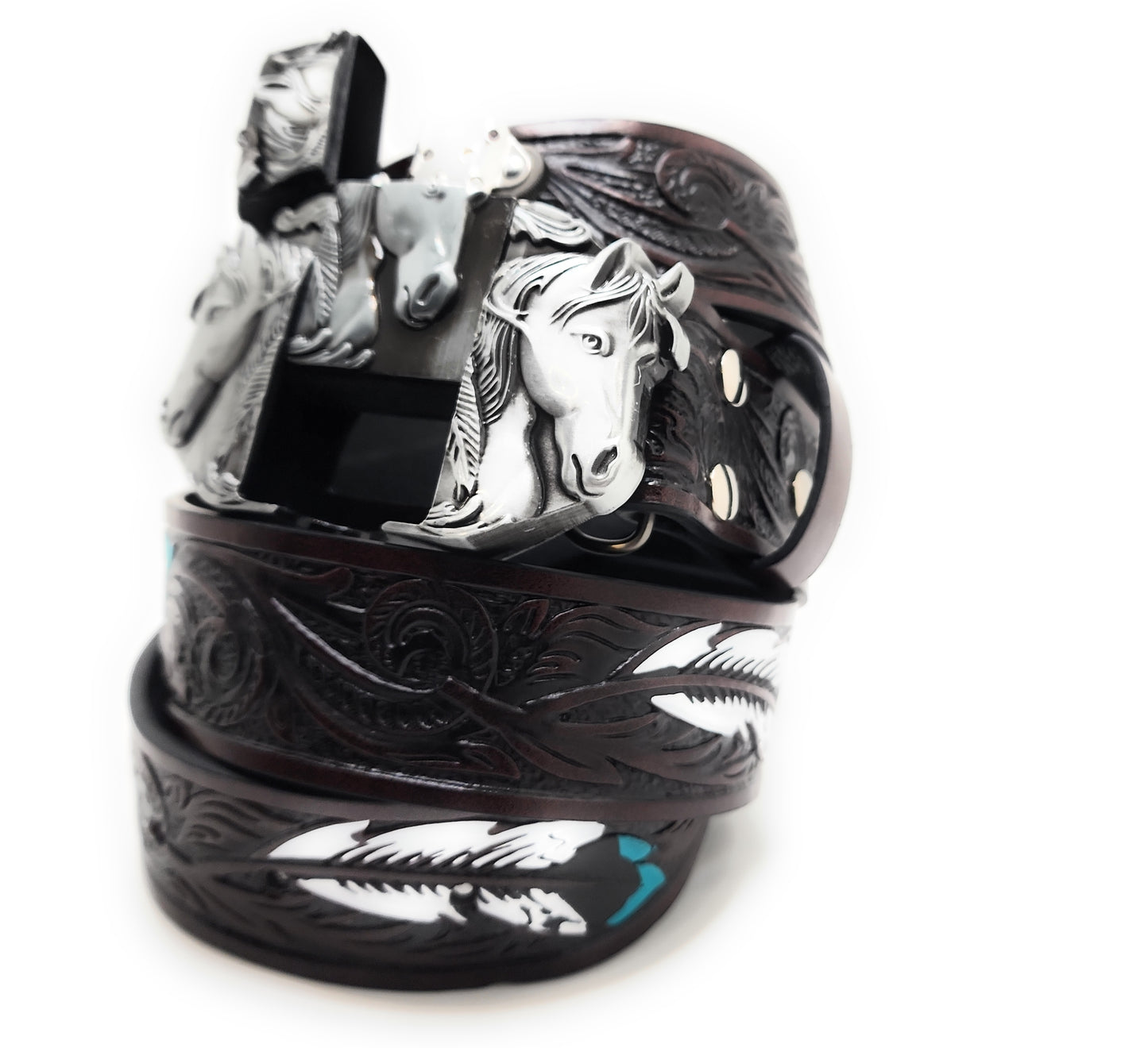 Silver Triple Horses Lighter Belt Buckle and Dark Brown Embossed Belt with Carved Wood Scroll and Turquoise Painted Feather Pattern