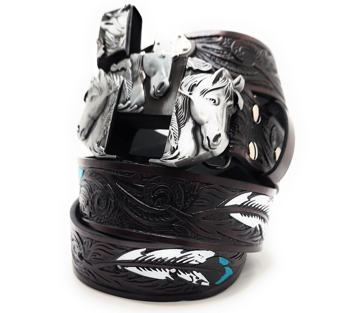 Silver Triple Horses Lighter Belt Buckle and Dark Brown Embossed Belt with Carved Wood Scroll and Turquoise Painted Feather Pattern