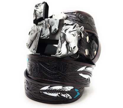 Silver Triple Horses Lighter Belt Buckle and Dark Brown Embossed Belt with Carved Wood Scroll and Turquoise Painted Feather Pattern