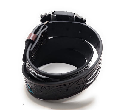 Silver Triple Horses Lighter Belt Buckle and Dark Brown Embossed Belt with Carved Wood Scroll and Turquoise Painted Feather Pattern