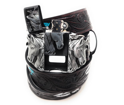 Silver Triple Horses Lighter Belt Buckle and Dark Brown Embossed Belt with Carved Wood Scroll and Turquoise Painted Feather Pattern