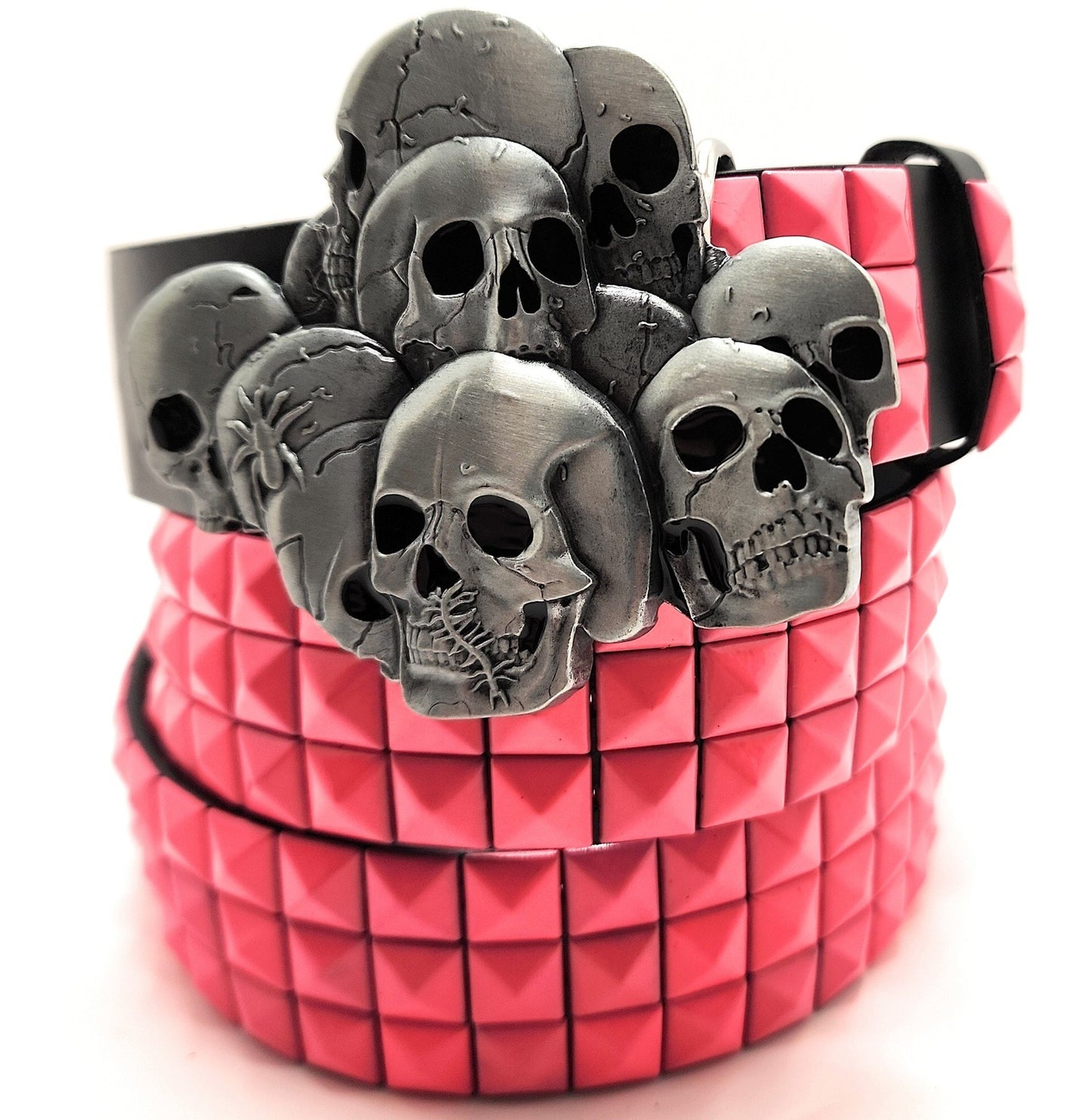 Skull Pile Belt Buckle and Pink Pyramid Studded Leather Belt shop.AxeDr.com Belt Buckle, Belt with Buckle, Buckles with Belt, emo, Genuine Leather, goth, Goth belt, Hot Topic, 