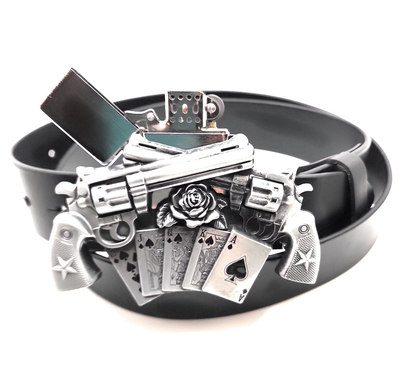 Spinning Revolvers Lighter Belt Buckle and Premium Leather Belt shop.AxeDr.com Buckles with Belt, Genuine Leather
