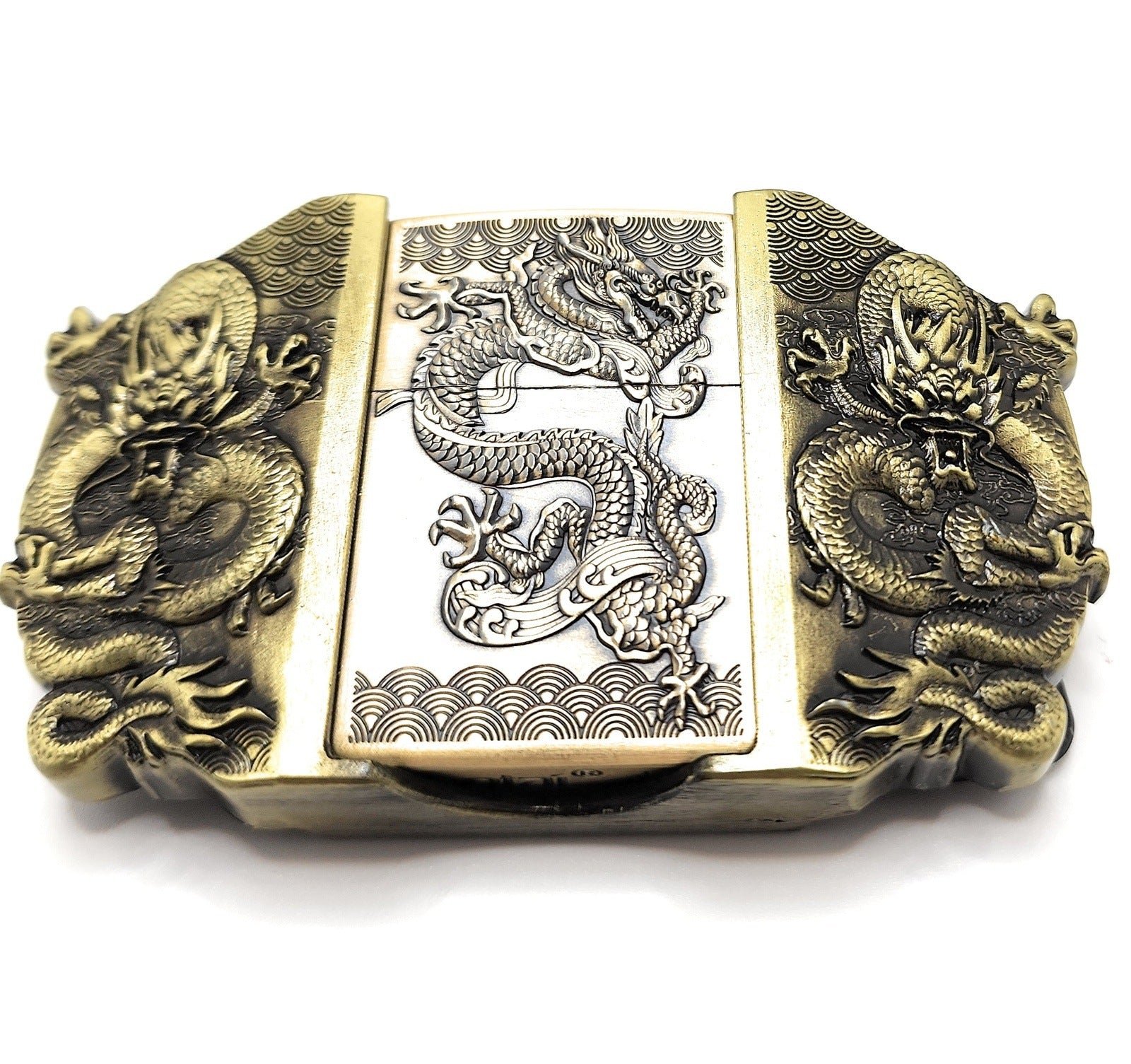 Triple Dragons Bronze Lighter Belt Buckle / Flip-Style Lighter Holder Buckle shop.AxeDr.com Beltbuckle, Buckle, Dragons, Lighters