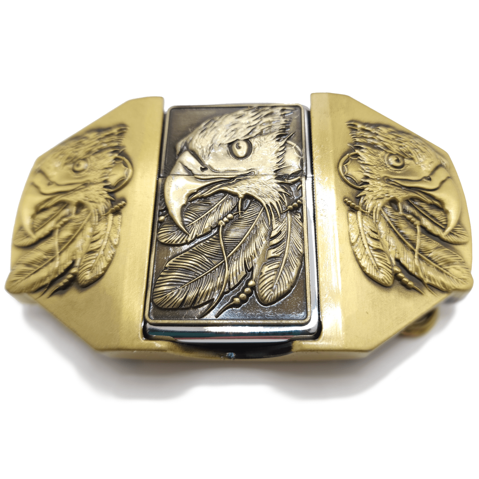 Triple Eagle Bronze Lighter Belt Buckle / Flip Style Lighter Holder Bu ...
