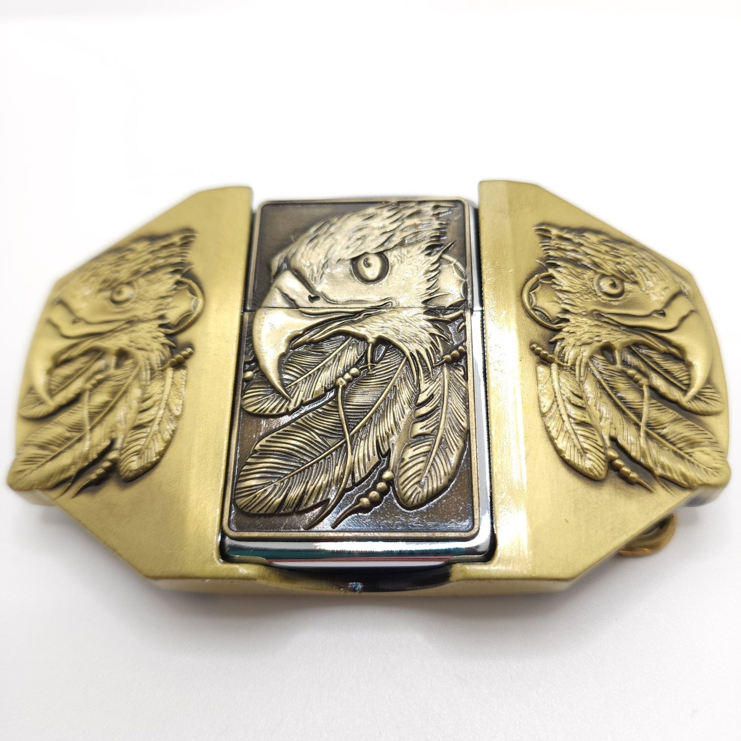 Triple Eagle Bronze Lighter Belt Buckle / Flip Style Lighter Holder Bu –