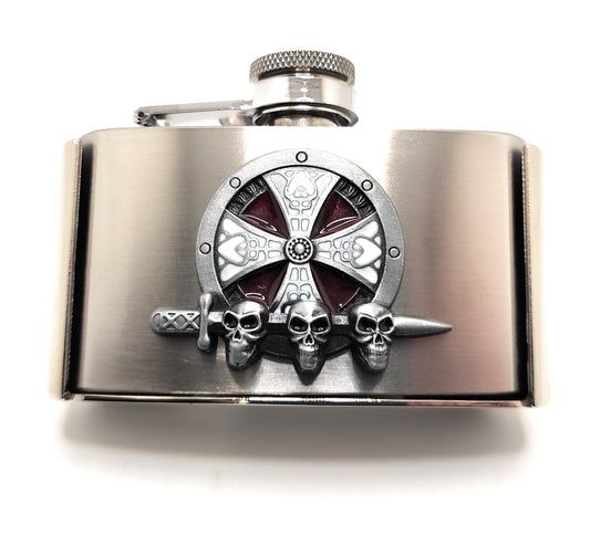 Gothic Skull Flask Belt Buckle – Triple Skulls & Sword | Biker, Rock, Festival Statement Buckle