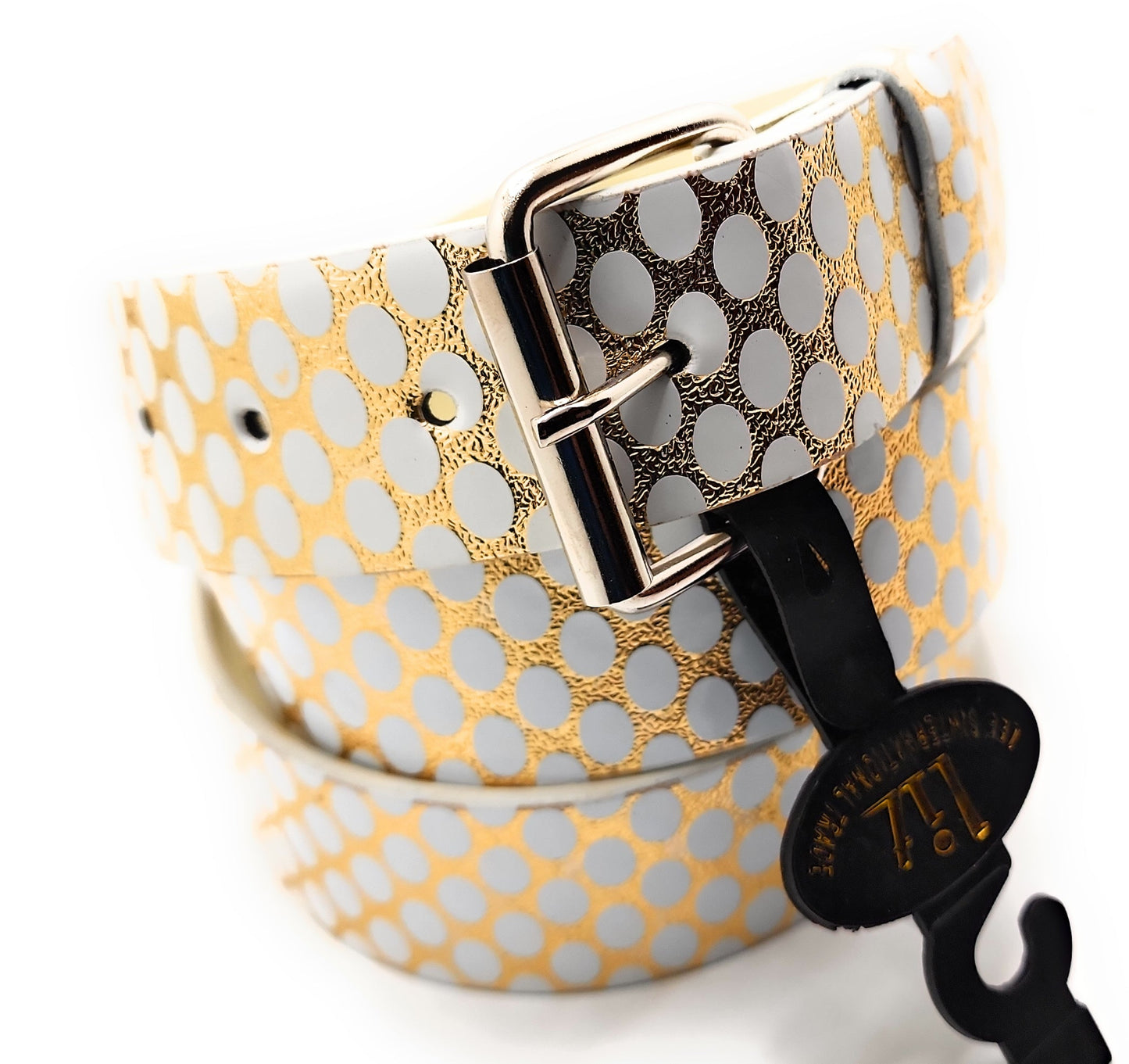 White and Gold Ovals on White Leather Belt shop.AxeDr.com belt, Genuine Leather, Gift for Him, gold, shiny, white