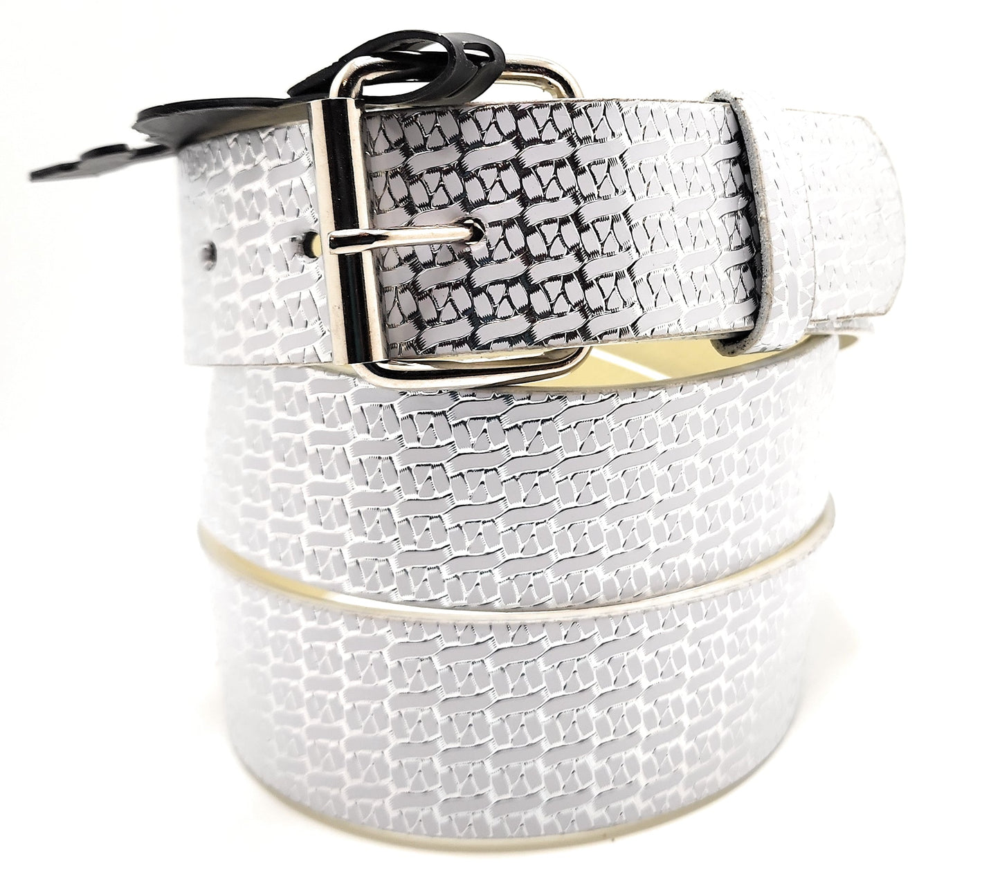 White and Silver Ribbons on White Leather Belt shop.AxeDr.com belt, Genuine Leather, Gift for Him, shiny, white