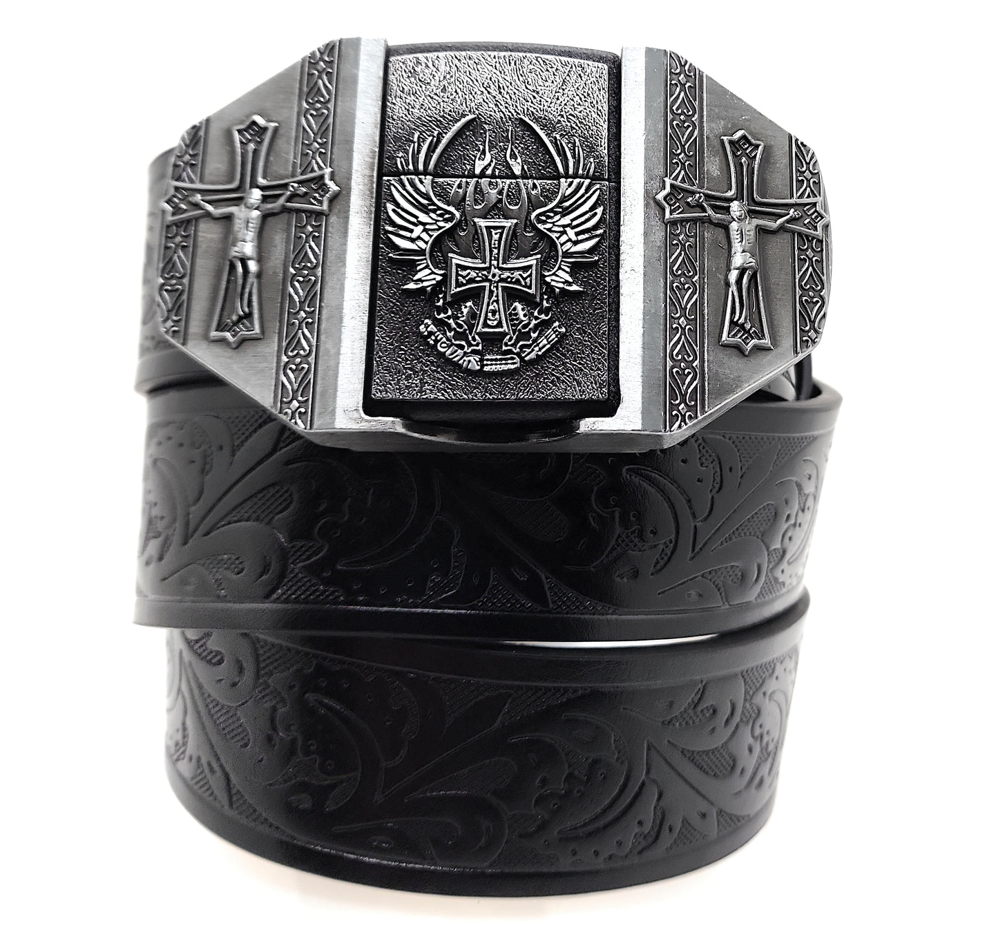 Winged Cross Crucifix Lighter Belt Buckle and Black Embossed Belt — Integrated Refillable Lighter