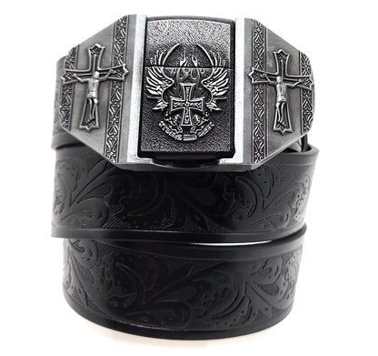 Winged Cross Crucifix Lighter Belt Buckle and Black Embossed Belt — Integrated Refillable Lighter