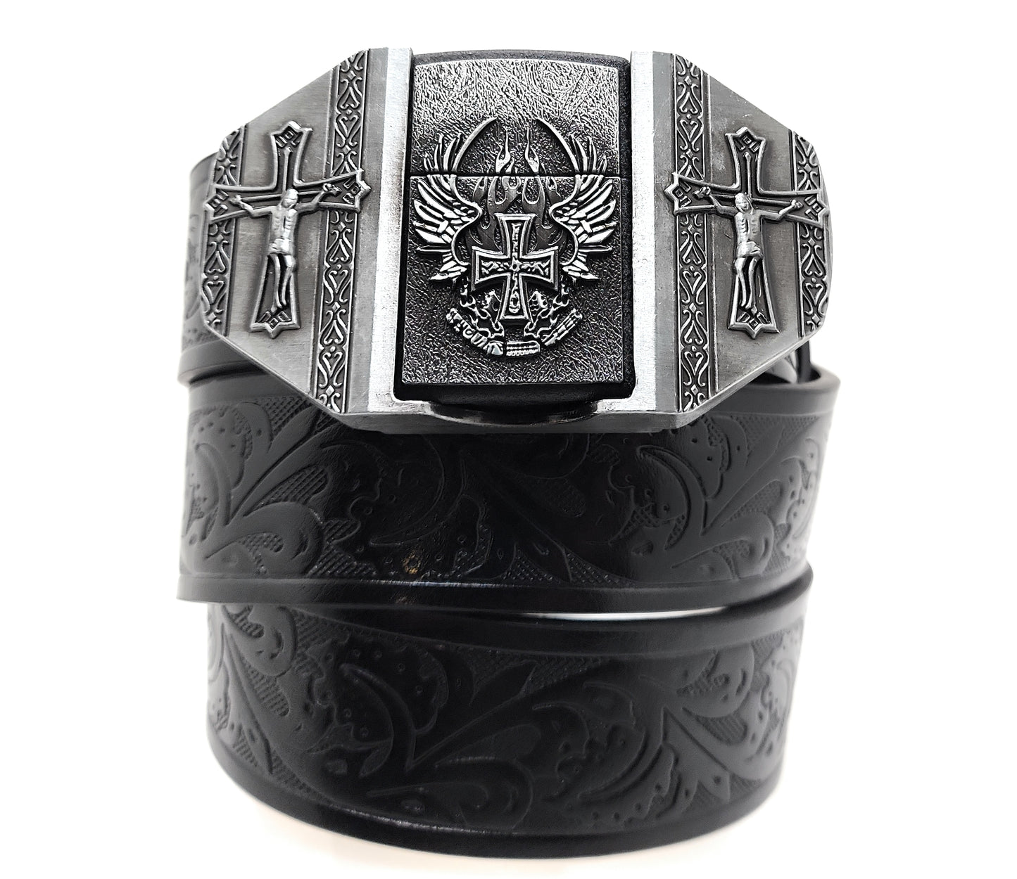 Winged Cross Crucifix Lighter Belt Buckle and Black Embossed Belt — Integrated Refillable Lighter