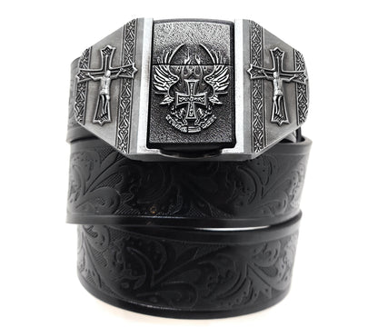 Winged Cross Crucifix Lighter Belt Buckle and Black Embossed Belt — Integrated Refillable Lighter