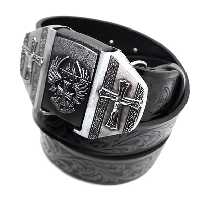 Winged Cross Crucifix Lighter Belt Buckle and Black Embossed Belt — Integrated Refillable Lighter
