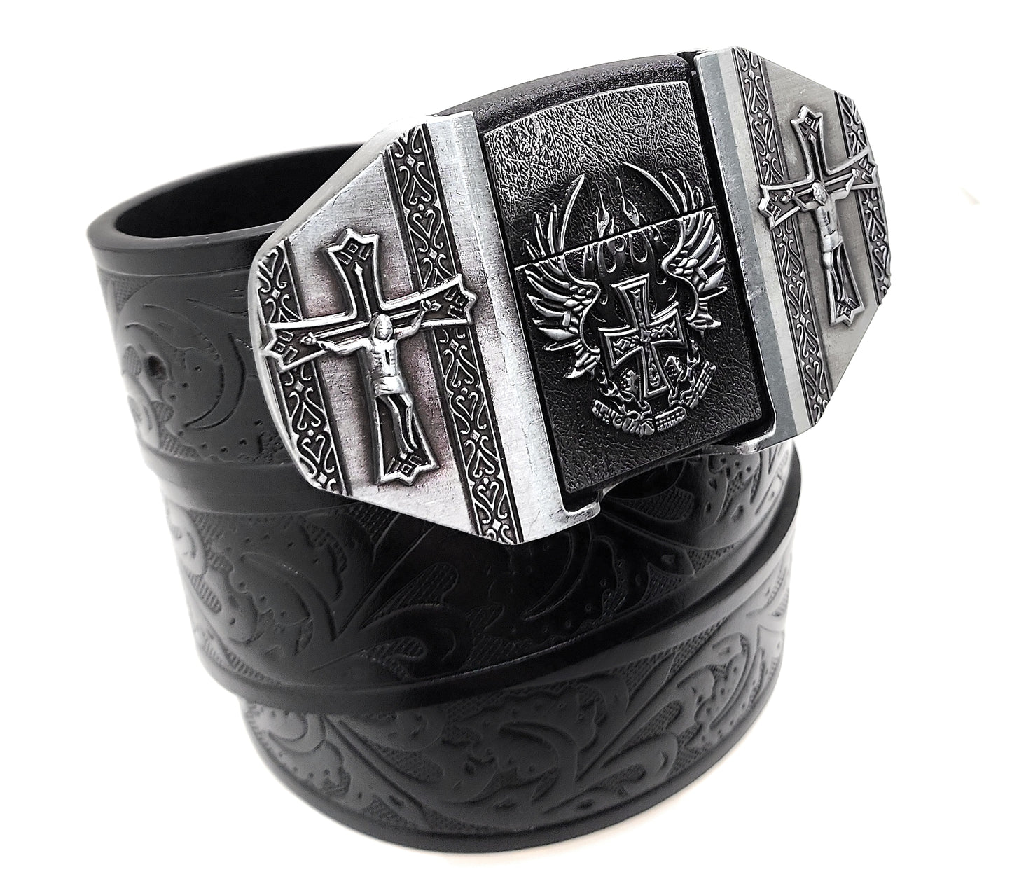 Winged Cross Crucifix Lighter Belt Buckle and Black Embossed Belt — Integrated Refillable Lighter