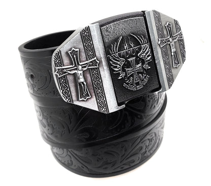 Winged Cross Crucifix Lighter Belt Buckle and Black Embossed Belt — Integrated Refillable Lighter