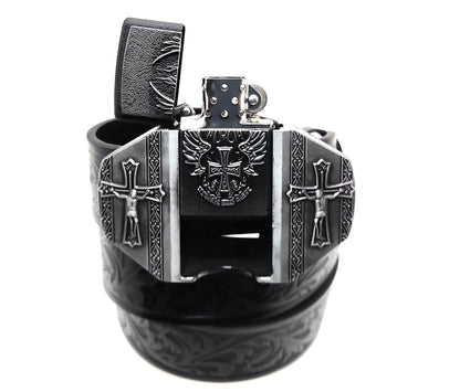 Winged Cross Crucifix Lighter Belt Buckle and Black Embossed Belt — Integrated Refillable Lighter