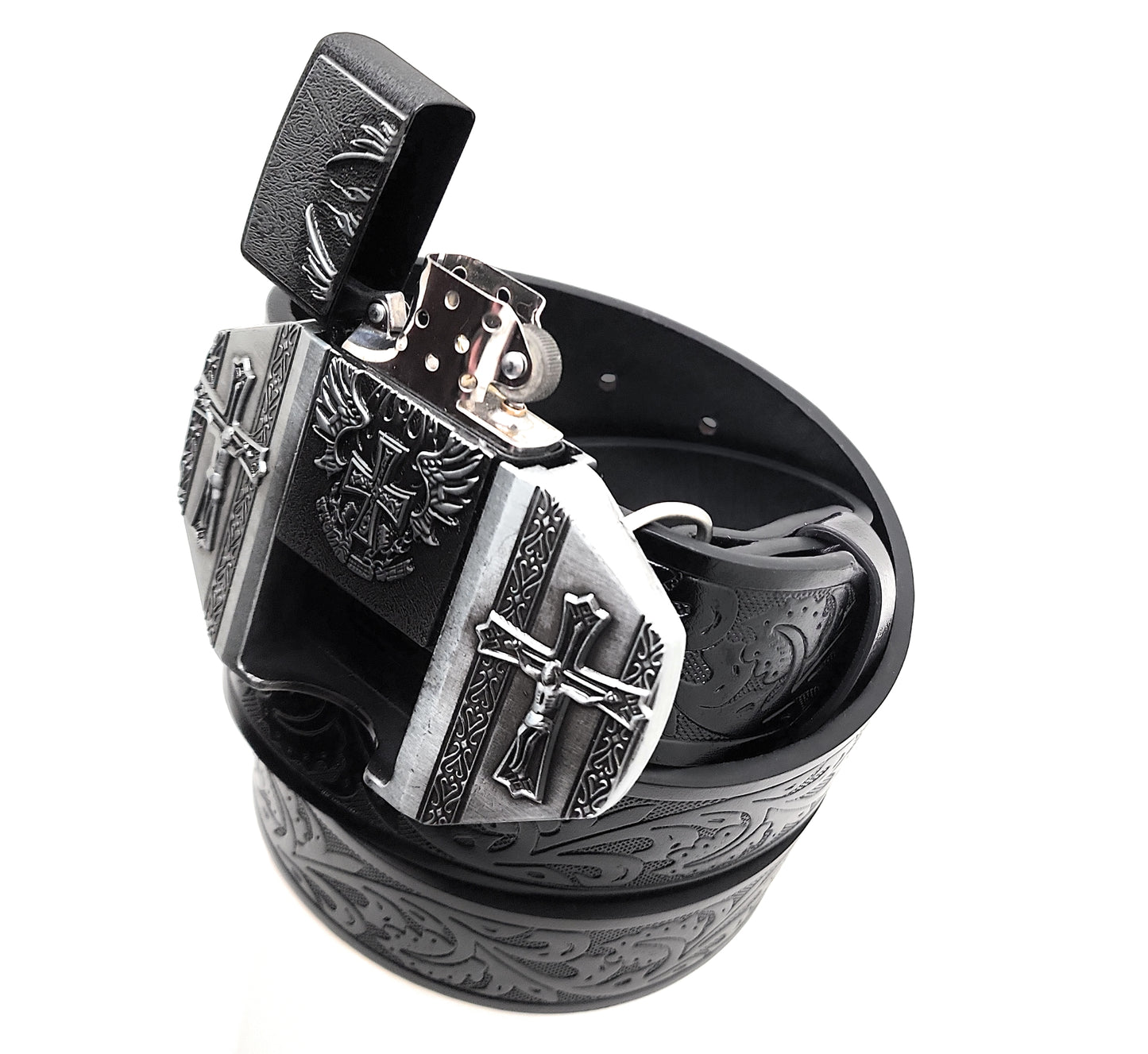 Winged Cross Crucifix Lighter Belt Buckle and Black Embossed Belt — Integrated Refillable Lighter
