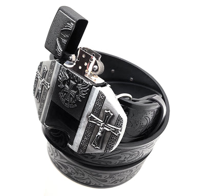 Winged Cross Crucifix Lighter Belt Buckle and Black Embossed Belt — Integrated Refillable Lighter