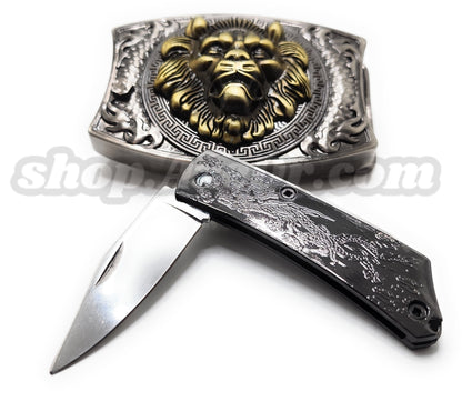 Gold Lion Head Folding Knife Belt Buckle Push-Button-Release