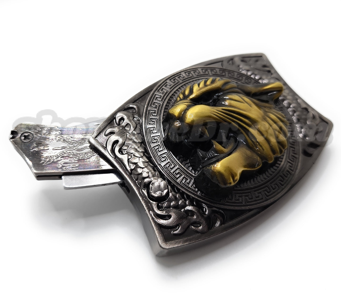 Gold Big Cat Head Folding Knife Belt Buckle Push-Button-Release
