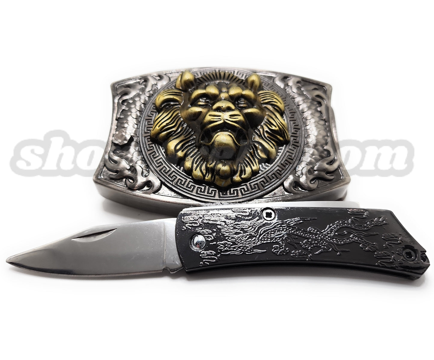 Gold Lion Head Folding Knife Belt Buckle Push-Button-Release