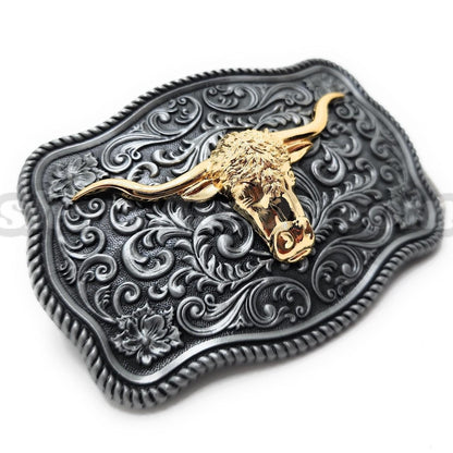 Fancy Engraved Gold Longhorn Western Belt Buckle