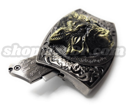 Gold Wolf Head Folding Knife Belt Buckle Push-Button-Release