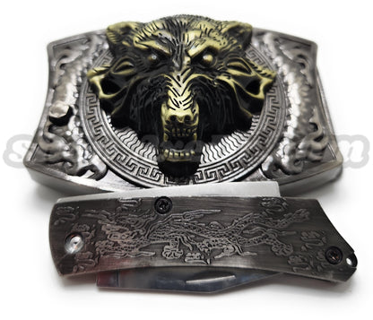 Gold Wolf Head Folding Knife Belt Buckle Push-Button-Release