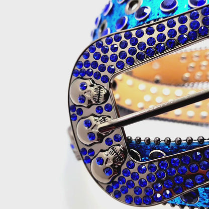 Deep Blue and Chrome Rhinestoned Sparkle Skull Studded Belt