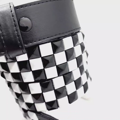 Stitched Black White Checkered Leather Belt Punk