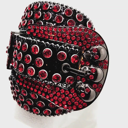 Deep Red and Chrome Rhinestones on Black Sparkle Studded Skulls Belt