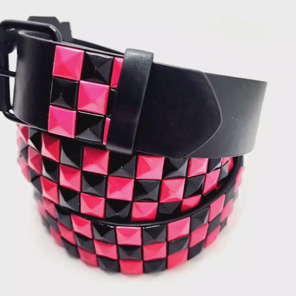 Deep Pink & Black Checkered Pyramid Studded Belt Punk