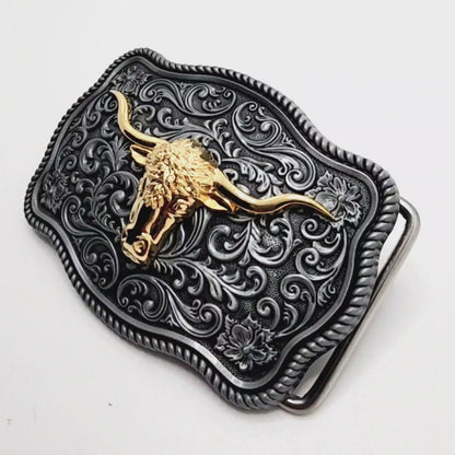 Fancy Engraved Gold Longhorn Western Belt Buckle