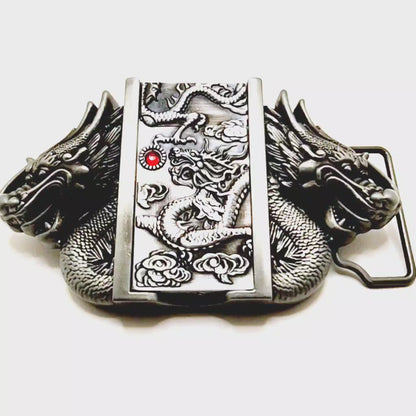 Dual Dragons Silver Lighter Belt Buckle / Push Button Lighter Holder Buckle