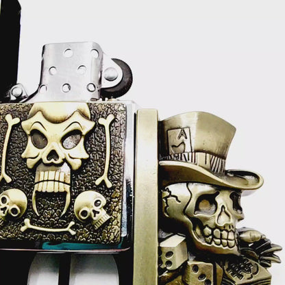Jokers Skull & Bones Bronze Lighter Belt Buckle with Fanged Skull Lighter Holder Buckle